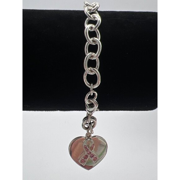 Silver-Tone Heart Charm Bracelet With Pink Ribbon Gemstone Design 7 Inches Women - Picture 1 of 5